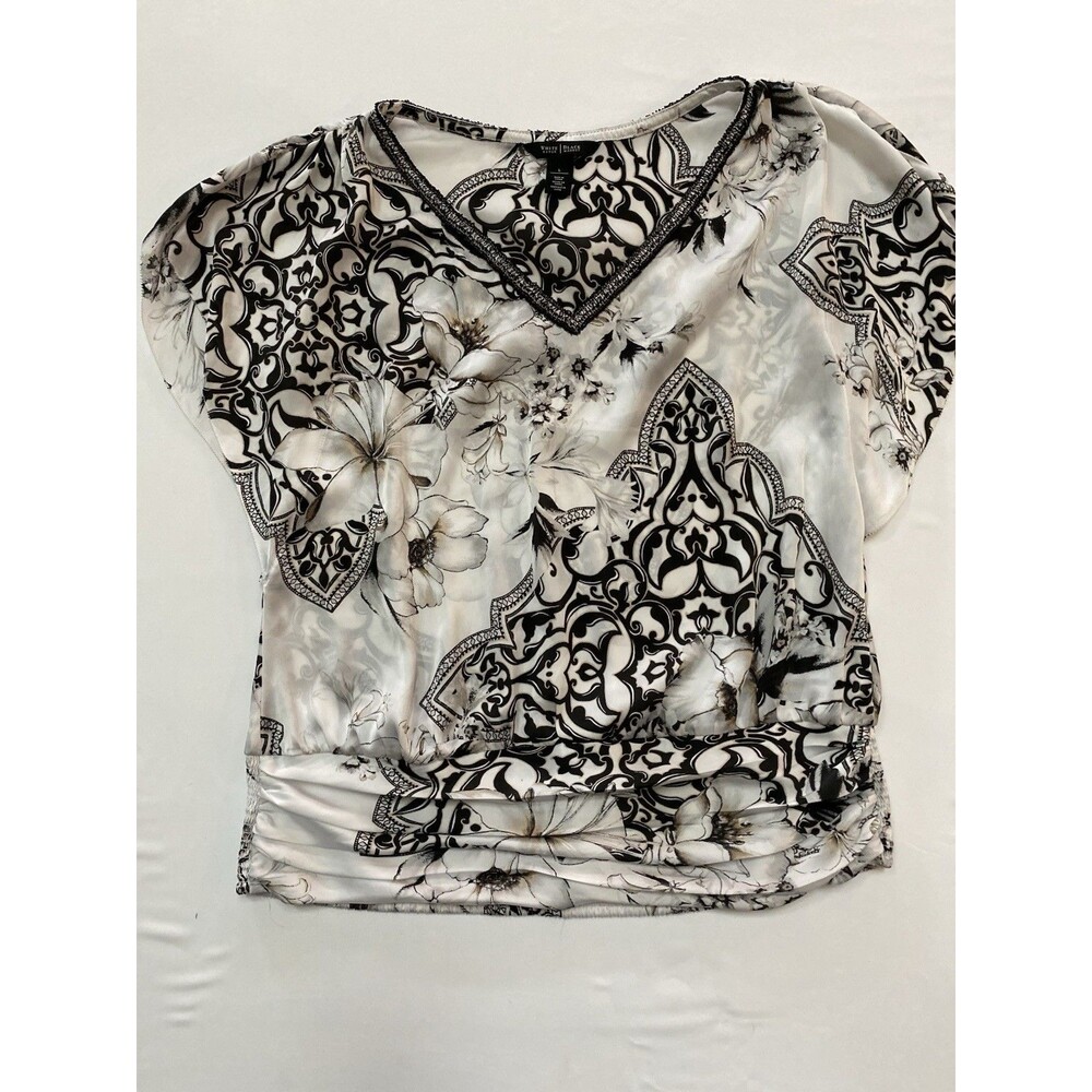 White House Black Market Top L Large Floral Damask V-Neck Dolman Ruched Banded